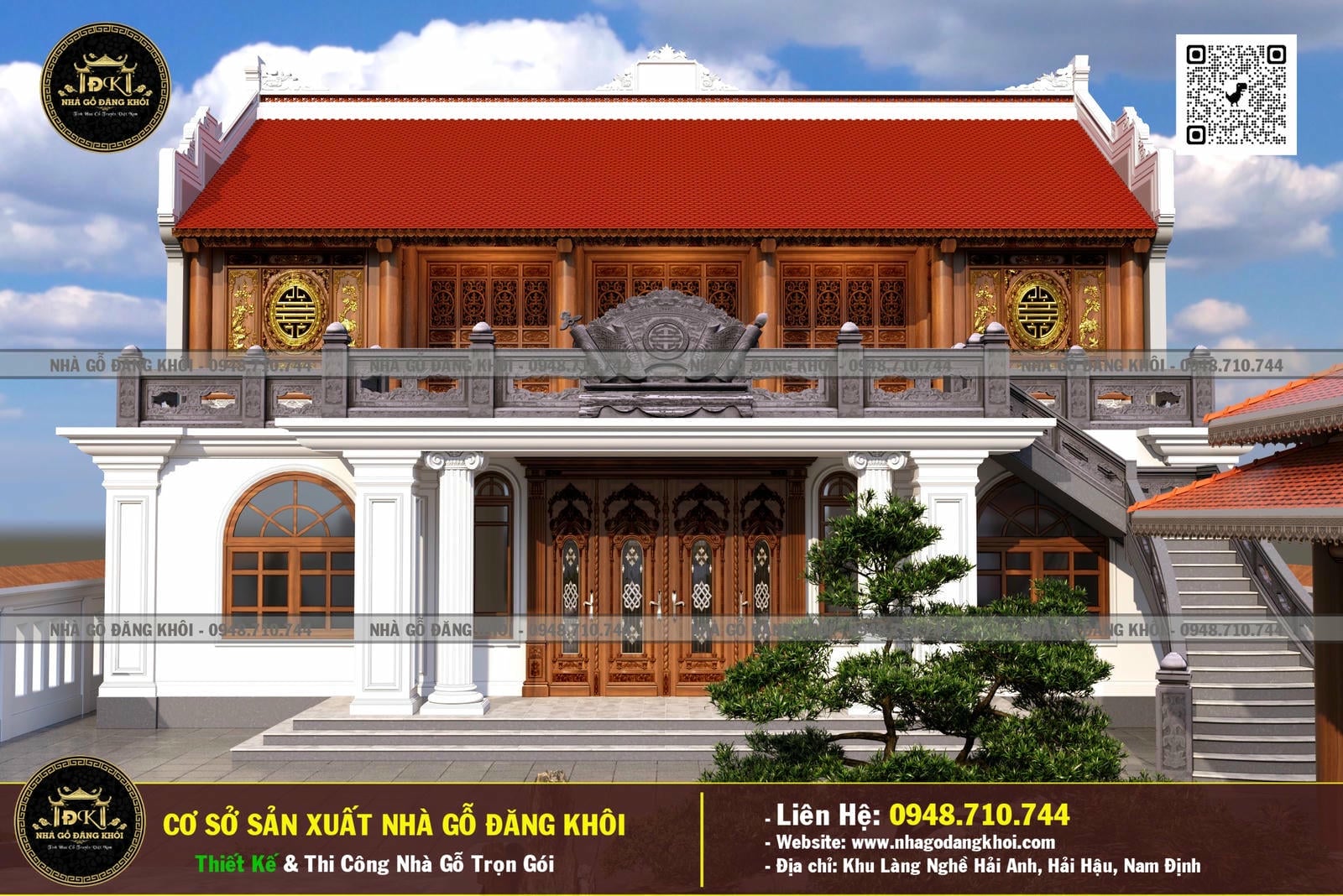 Mẫu Nhà gỗ 5 gian 2 Căm xe Lào tại Trực Ninh - Nam Định