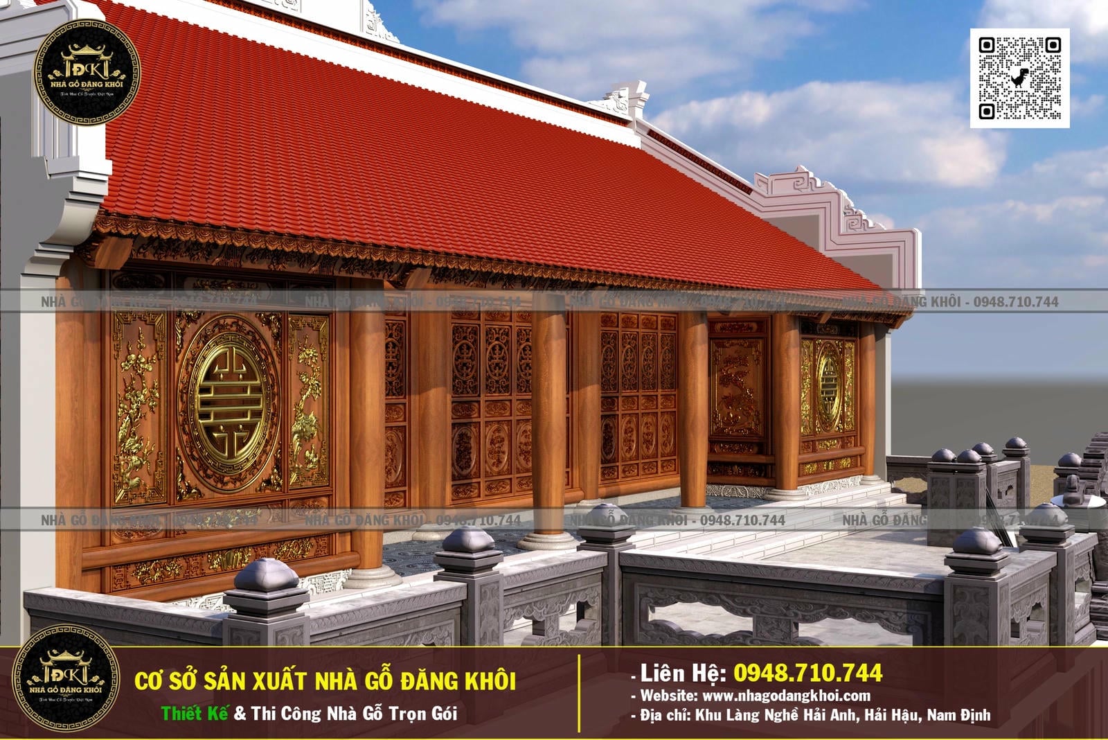 Mẫu Nhà gỗ 5 gian 2 Căm xe Lào tại Trực Ninh - Nam Định