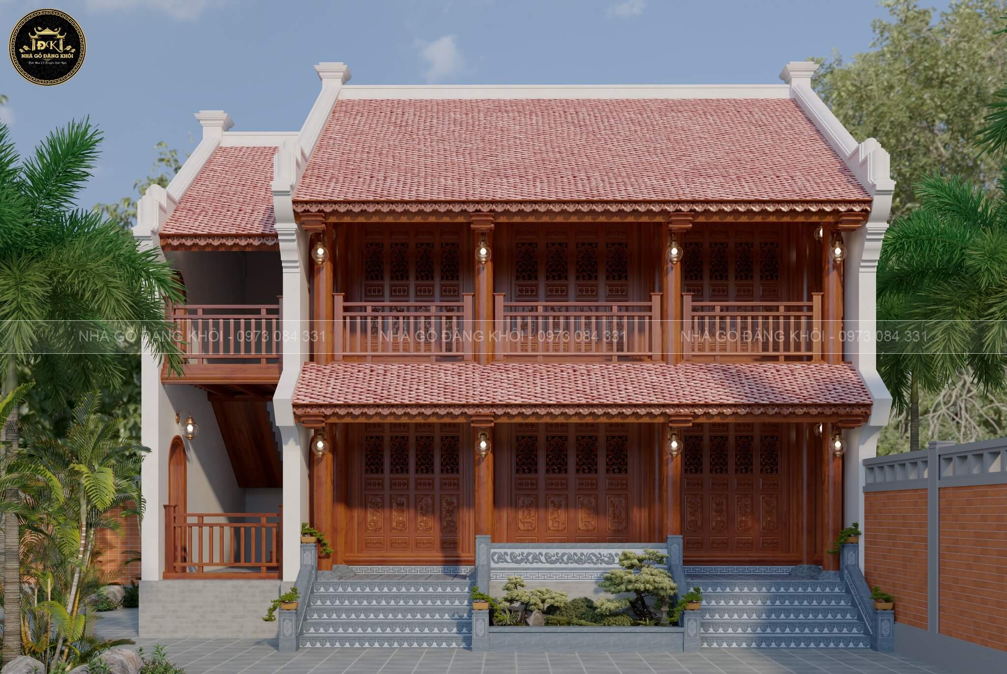 Phối cảnh 3D ngoại thất nhà gỗ 3 gian 2 tầng (nhà sàn) tại Thái Nguyên