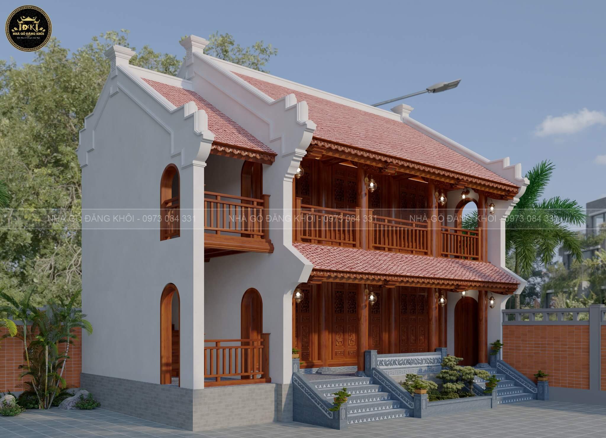 Phối cảnh 3D ngoại thất nhà gỗ 3 gian 2 tầng (nhà sàn) tại Thái Nguyên