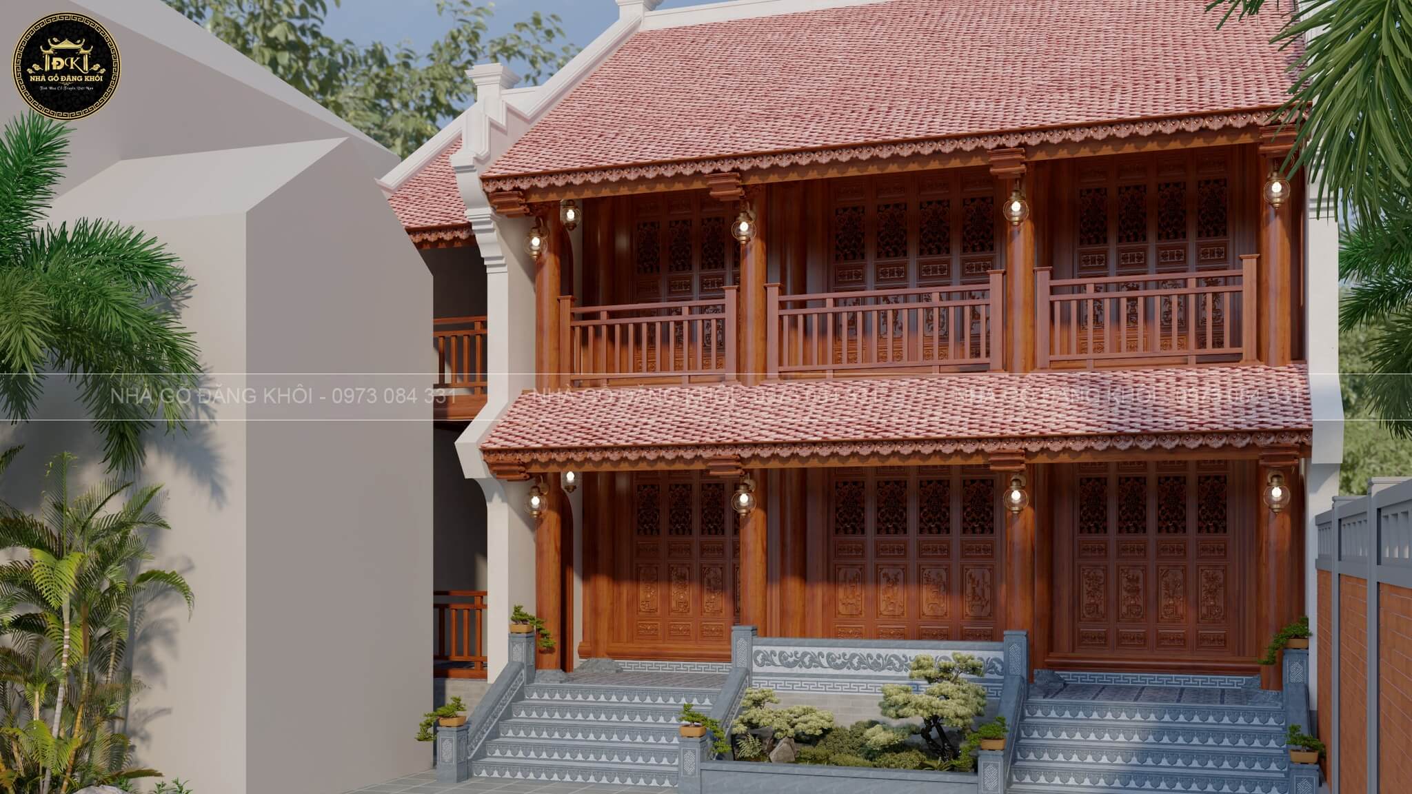 Phối cảnh 3D ngoại thất nhà gỗ 3 gian 2 tầng (nhà sàn) tại Thái Nguyên