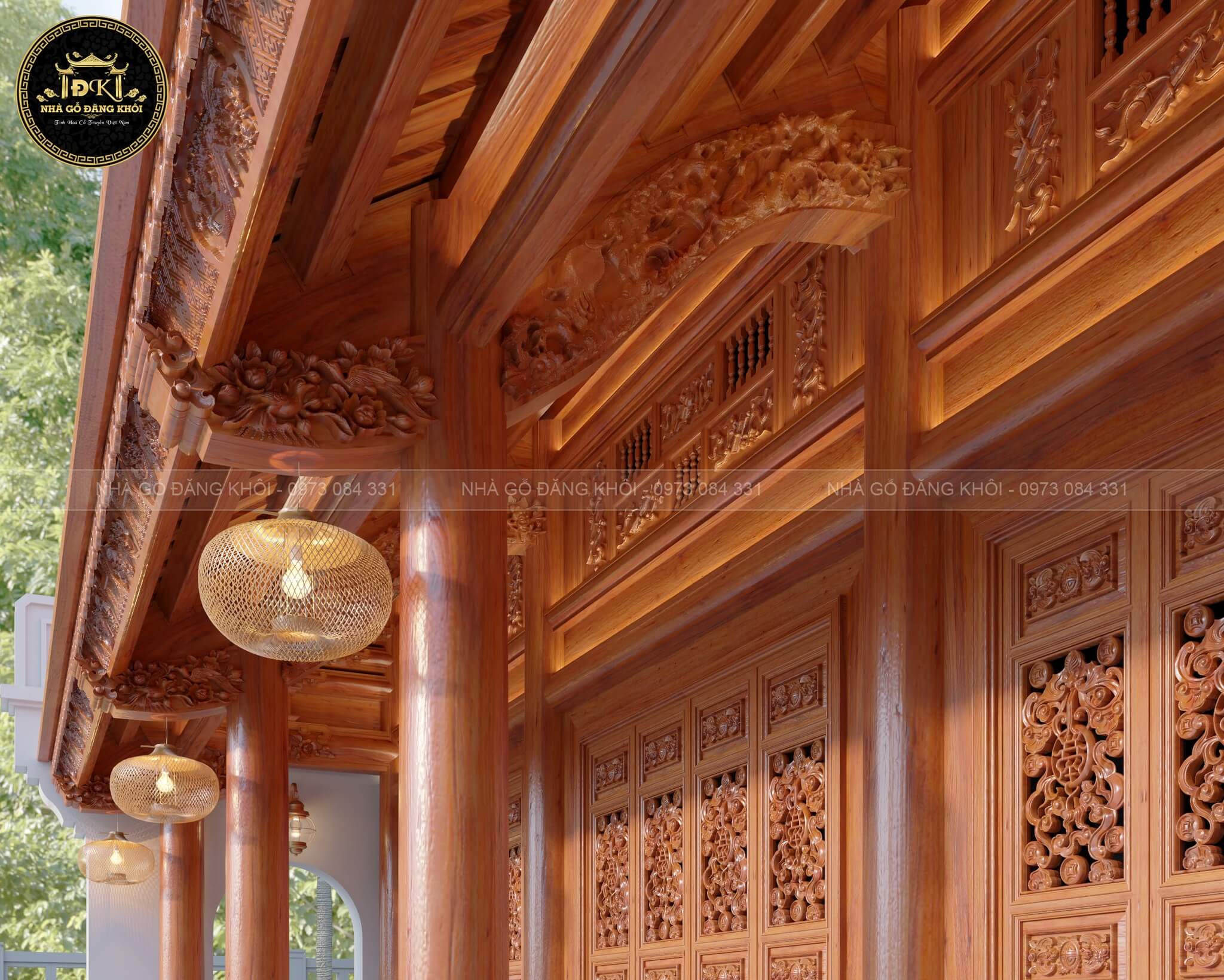 Phối cảnh 3D ngoại thất nhà gỗ 3 gian 2 tầng (nhà sàn) tại Thái Nguyên