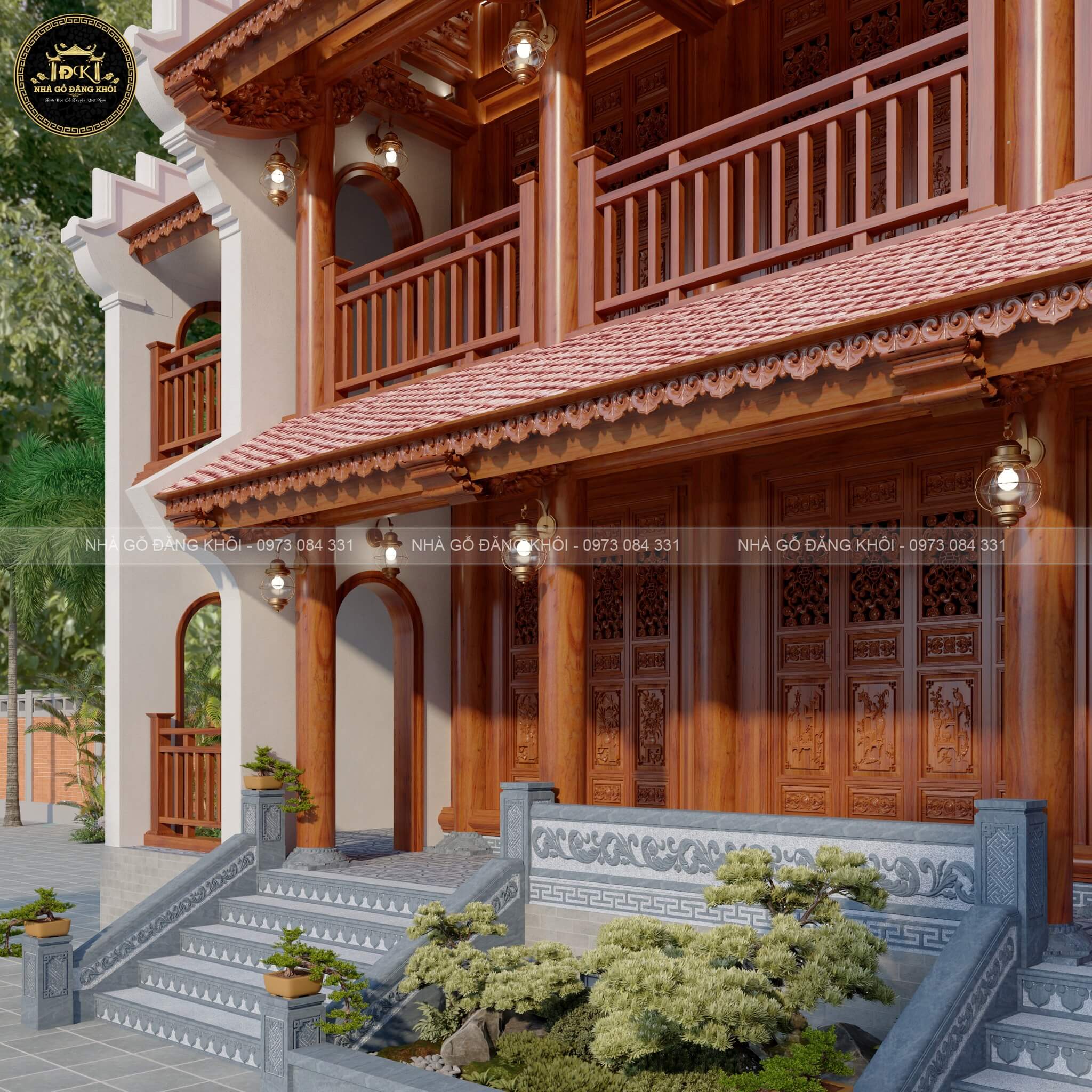 Phối cảnh 3D ngoại thất nhà gỗ 3 gian 2 tầng (nhà sàn) tại Thái Nguyên