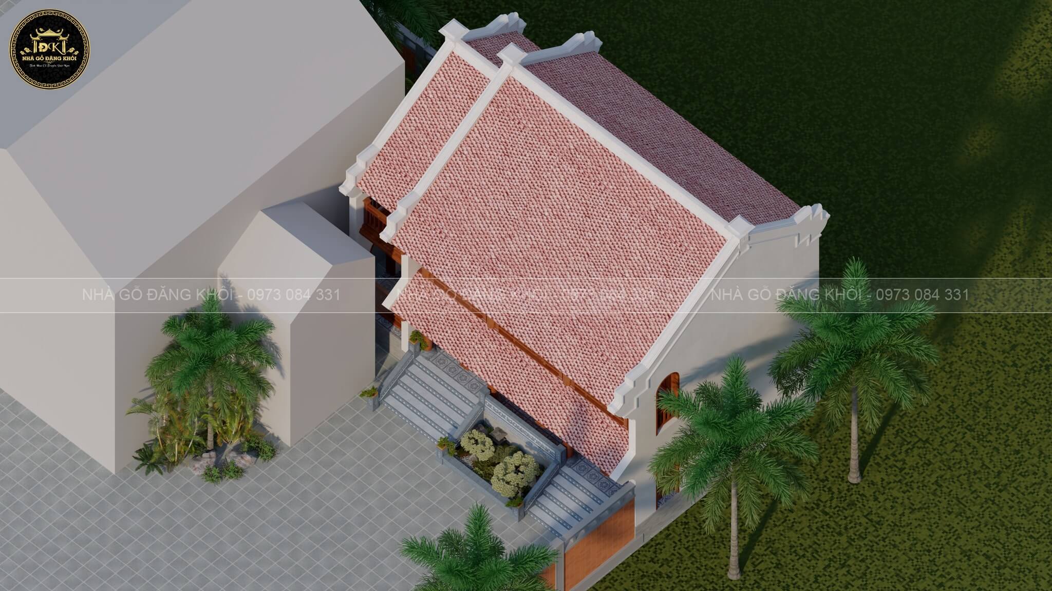 Phối cảnh 3D ngoại thất nhà gỗ 3 gian 2 tầng (nhà sàn) tại Thái Nguyên