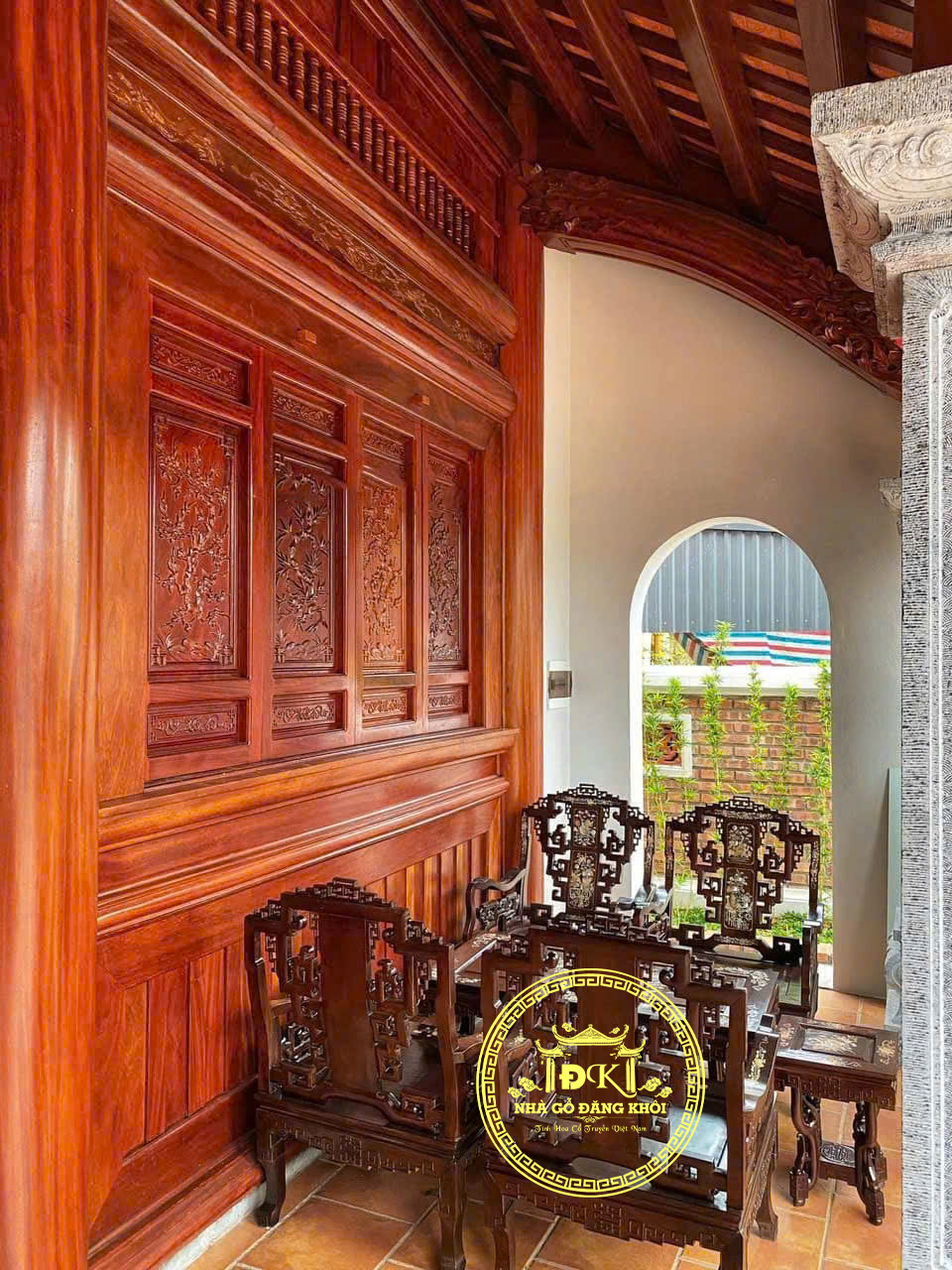 KHUÔN VIÊN NHÀ GỖ 5 GIAN HIÊN THÔNG TẠI BẮC GIANG – NHÀ GỖ ĐĂNG KHÔI